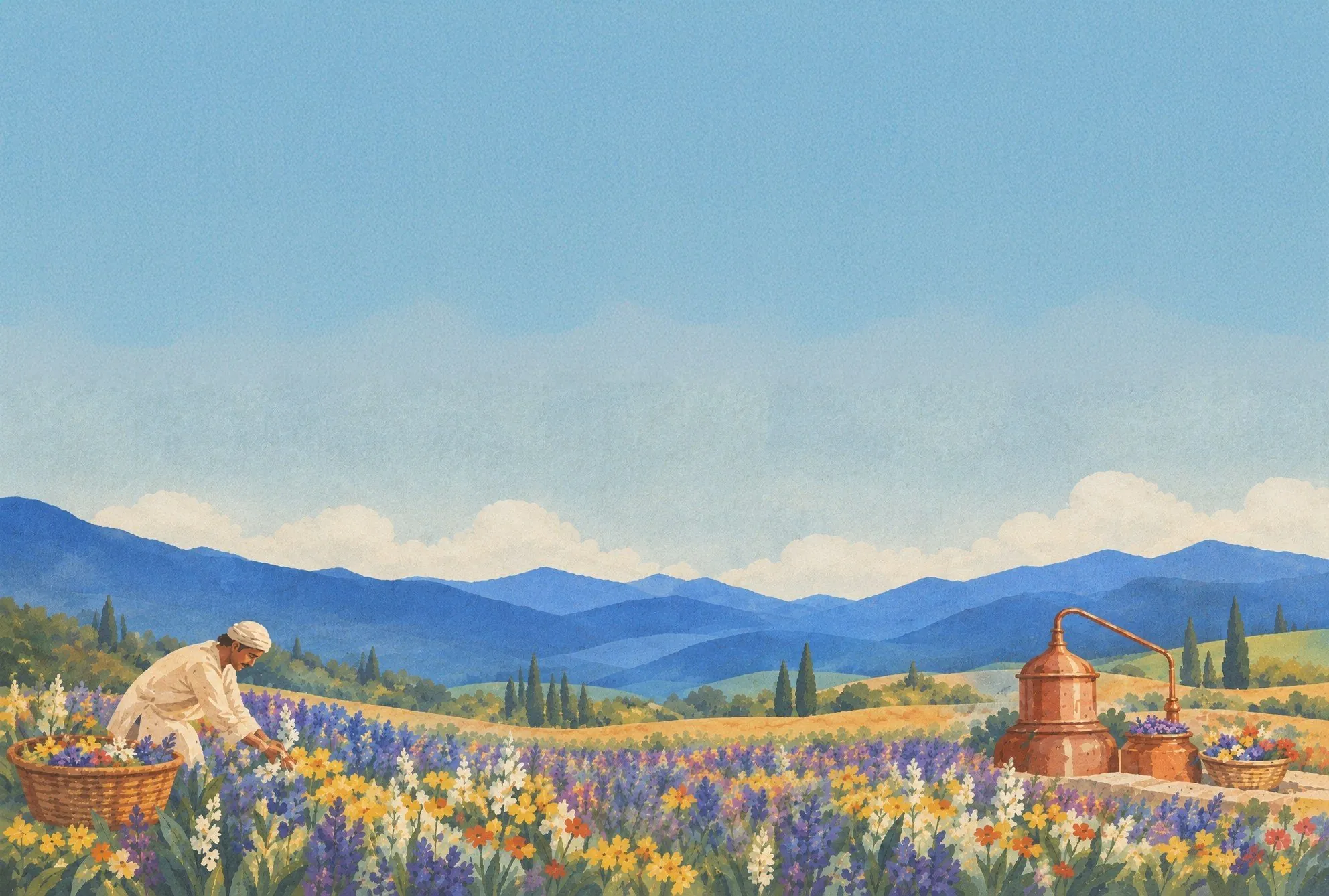 A farmer picks flowers into a wicker basket in a field below the hills, beside a still