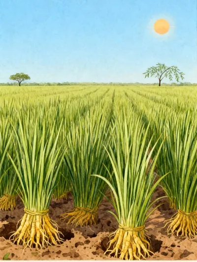 Rows of tall vetiver grass on flat fields, with dug-up golden roots