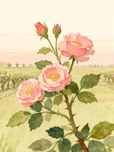 A Damask rose branch with loose pink blooms and buds, rose fields on a flat plain behind