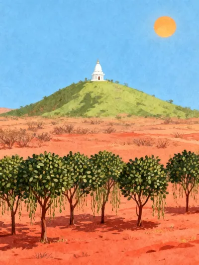 Sandalwood trees on red earth below a hill with a small temple