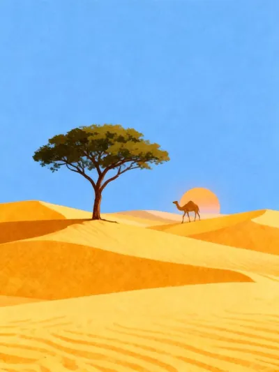 Golden dunes, a khejri tree and a camel under a low sun