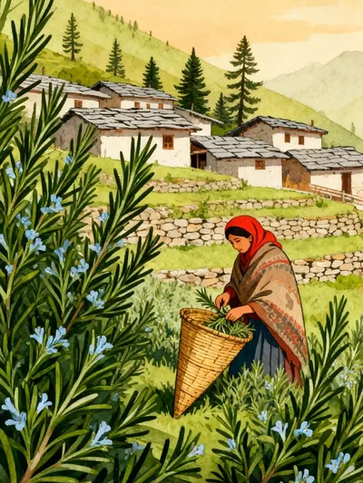 A Himachali woman cuts rosemary into a bamboo basket below a village of slate-roofed houses