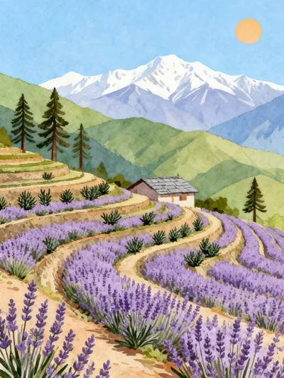 Rows of lavender on terraced Himalayan hillsides below snowy peaks