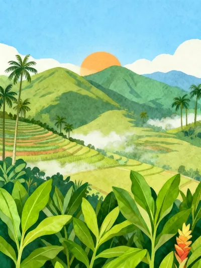 Misty green hills with palms, terraces and musk turmeric leaves