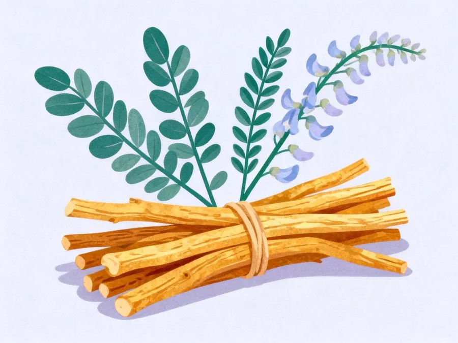 Liquorice leaves, violet flowers and a bundle of roots